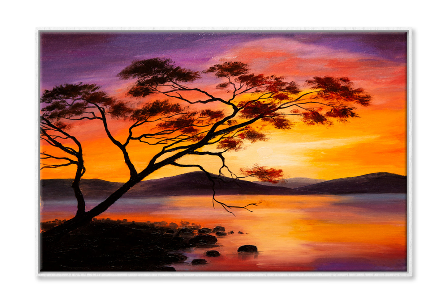 Sunset On The Lake, Abstract Art Oil Painting Limited Edition High Quality Print Canvas Box Framed White