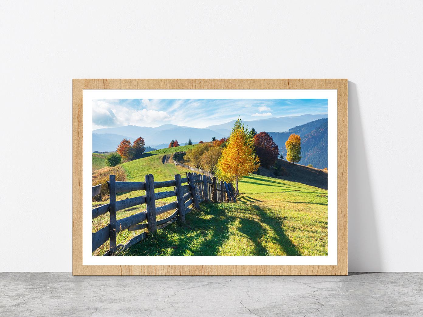 Trees On Grassy Field On Hillside Glass Framed Wall Art, Ready to Hang Quality Print With White Border Oak