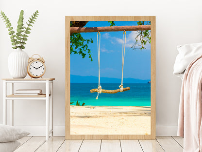 Seaside Swing near Sand Beach Photograph Glass Framed Wall Art, Ready to Hang Quality Print Without White Border Oak