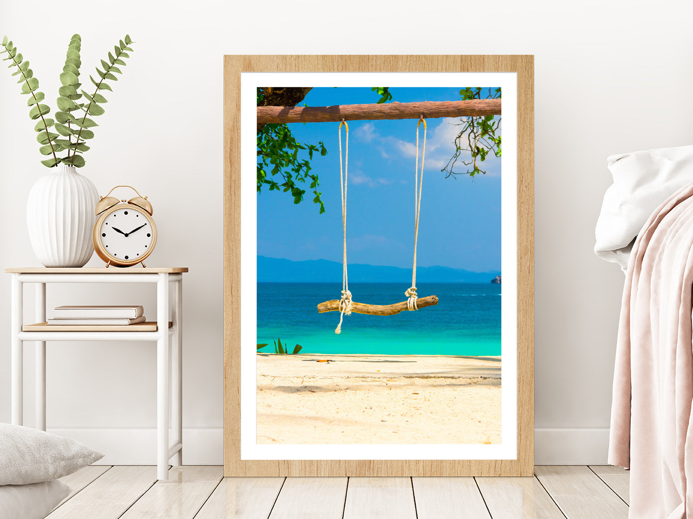 Seaside Swing near Sand Beach Photograph Glass Framed Wall Art, Ready to Hang Quality Print With White Border Oak