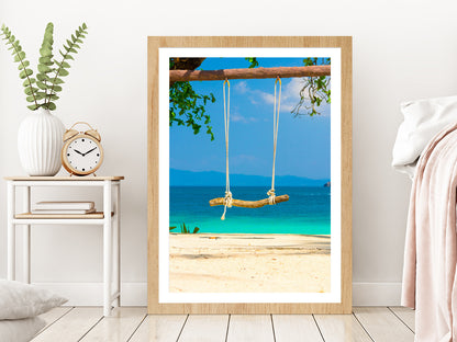 Seaside Swing near Sand Beach Photograph Glass Framed Wall Art, Ready to Hang Quality Print With White Border Oak