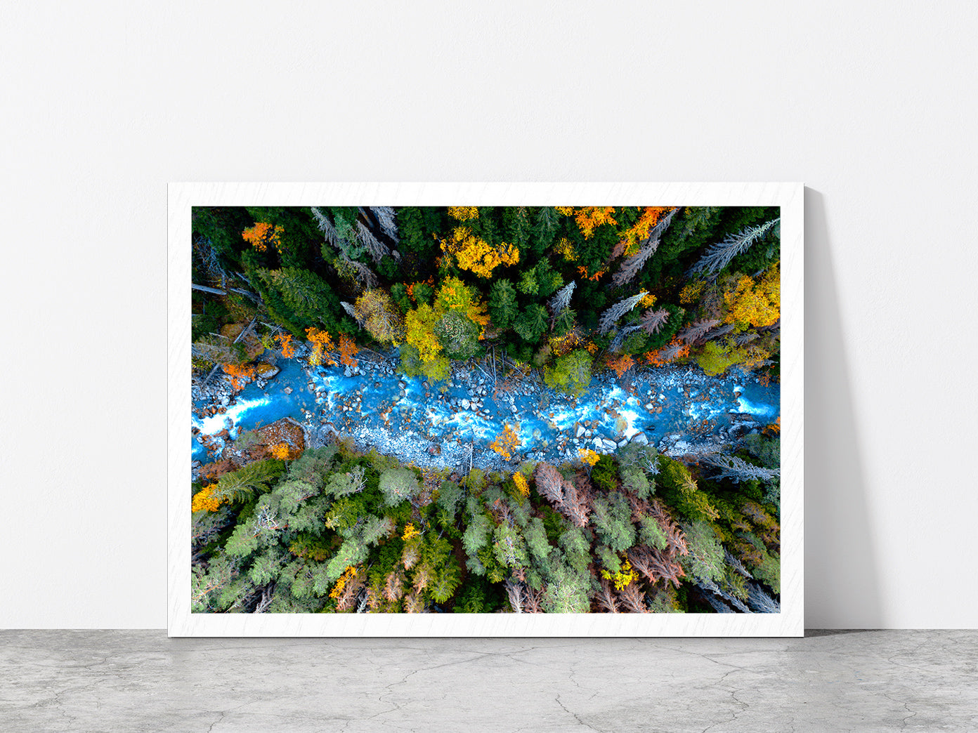 Drone Aerial View Of Forest River Glass Framed Wall Art, Ready to Hang Quality Print Without White Border White