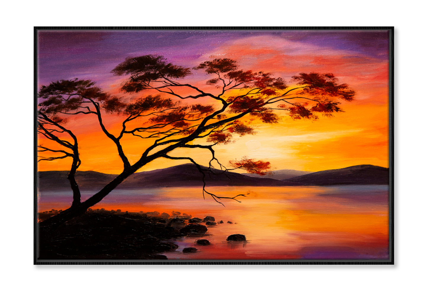 Sunset On The Lake, Abstract Art Oil Painting Limited Edition High Quality Print Canvas Box Framed Black