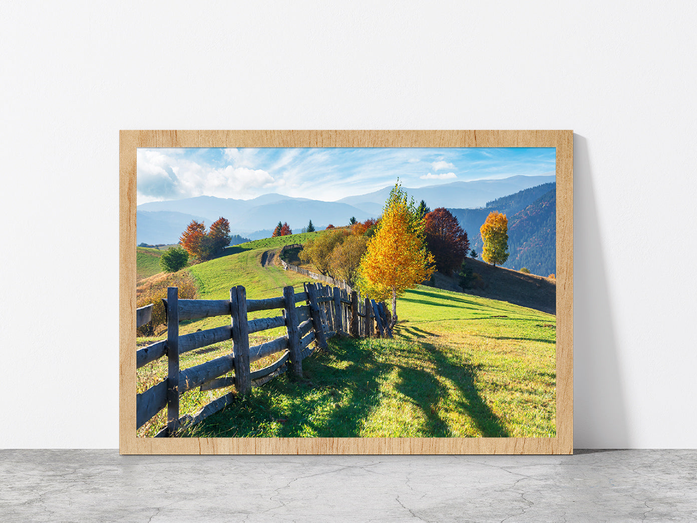 Trees On Grassy Field On Hillside Glass Framed Wall Art, Ready to Hang Quality Print Without White Border Oak