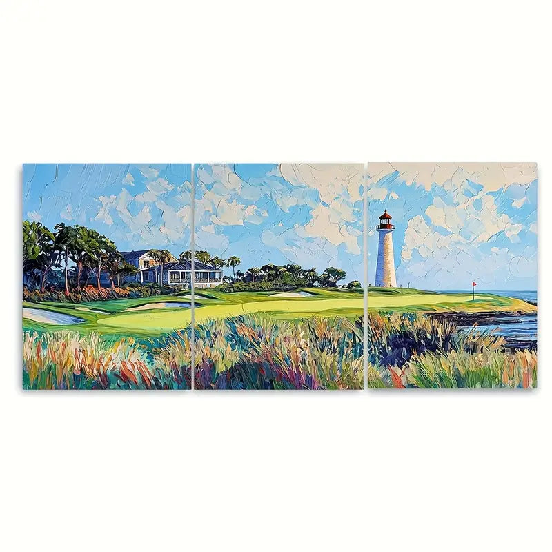 3pcs Harbor Town Golf Course Lighthouse Metal Print Ready to Hang Art