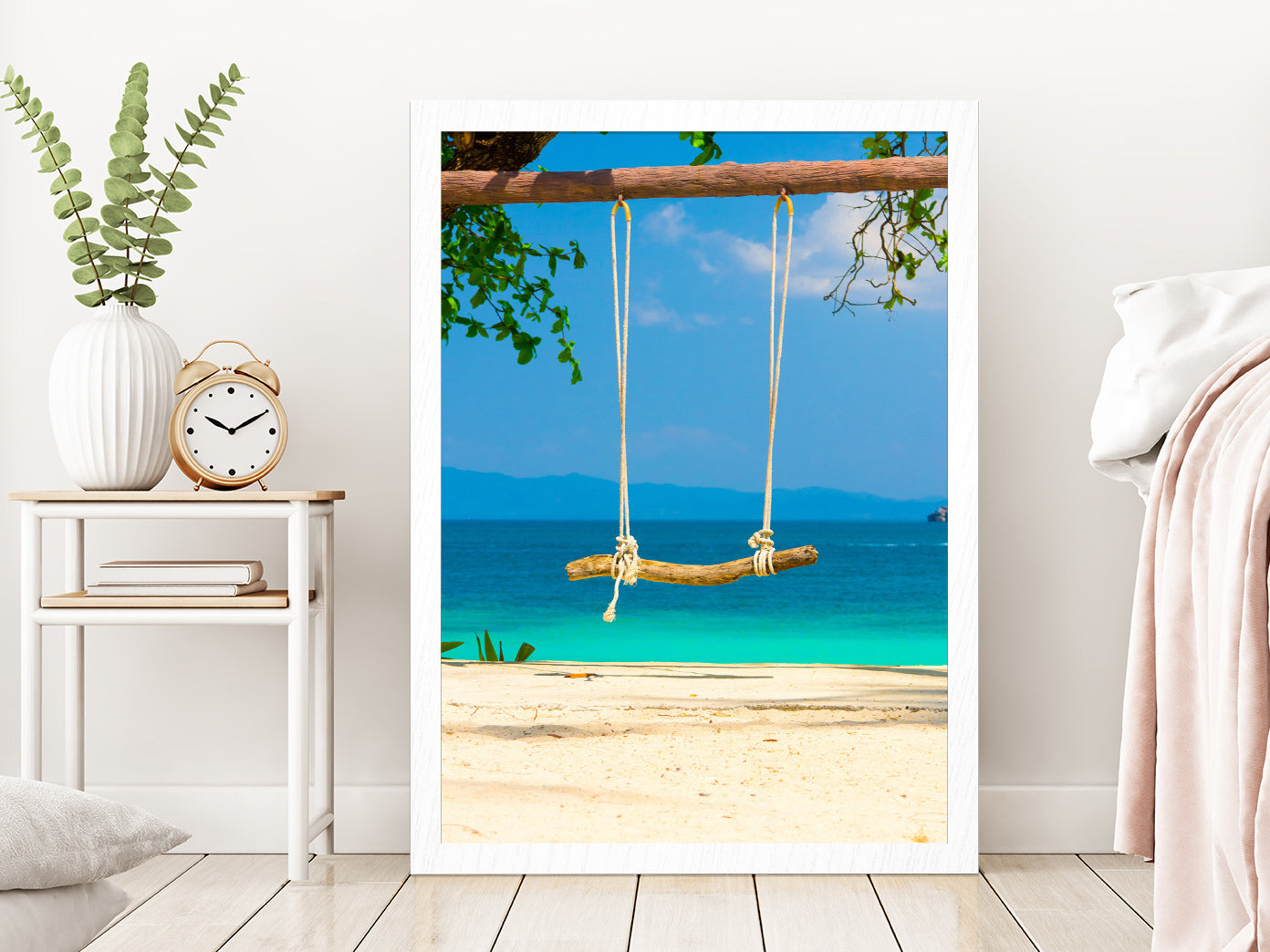 Seaside Swing near Sand Beach Photograph Glass Framed Wall Art, Ready to Hang Quality Print Without White Border White