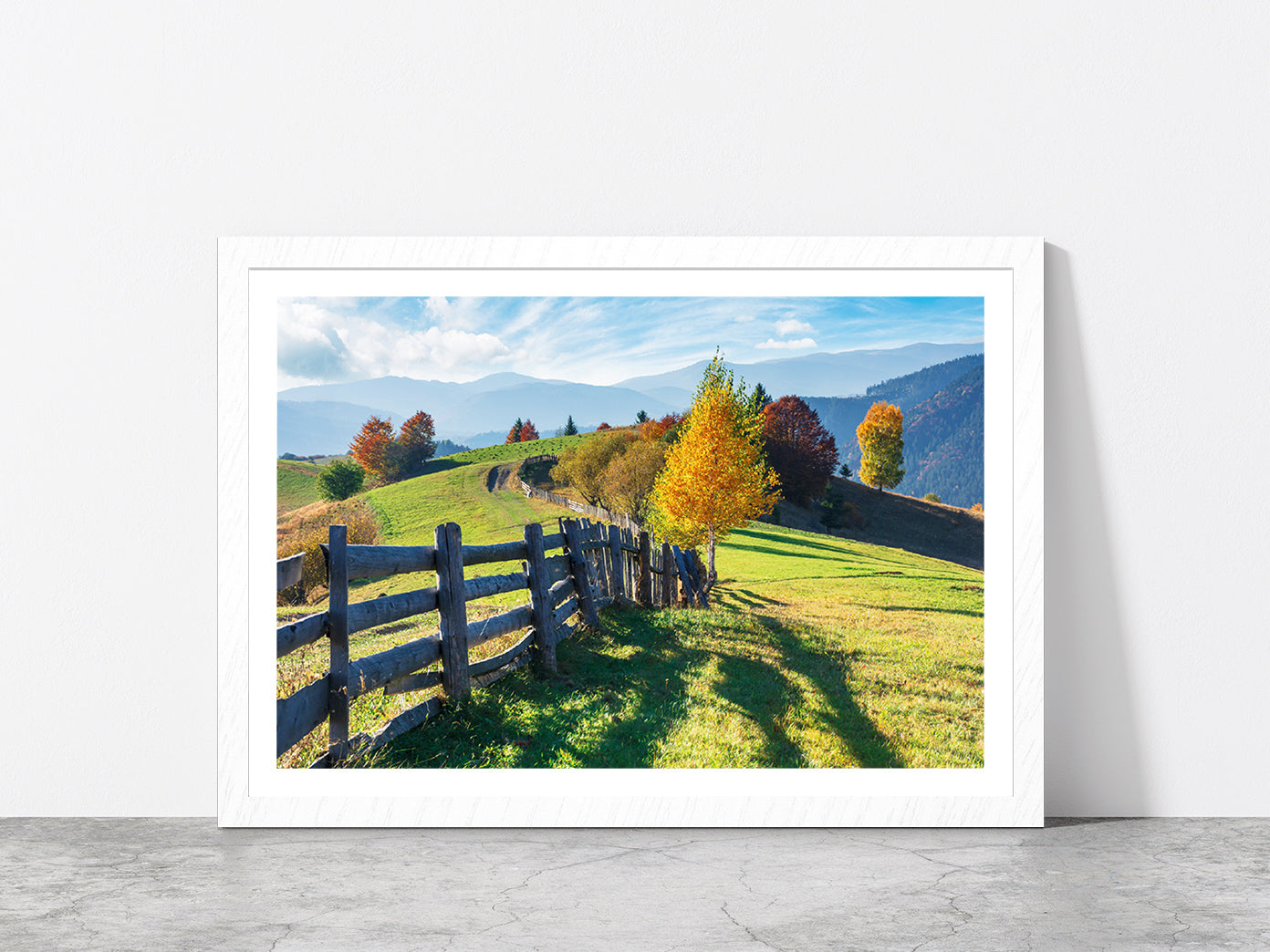 Trees On Grassy Field On Hillside Glass Framed Wall Art, Ready to Hang Quality Print With White Border White