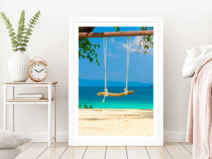 Seaside Swing near Sand Beach Photograph Glass Framed Wall Art, Ready to Hang Quality Print With White Border White