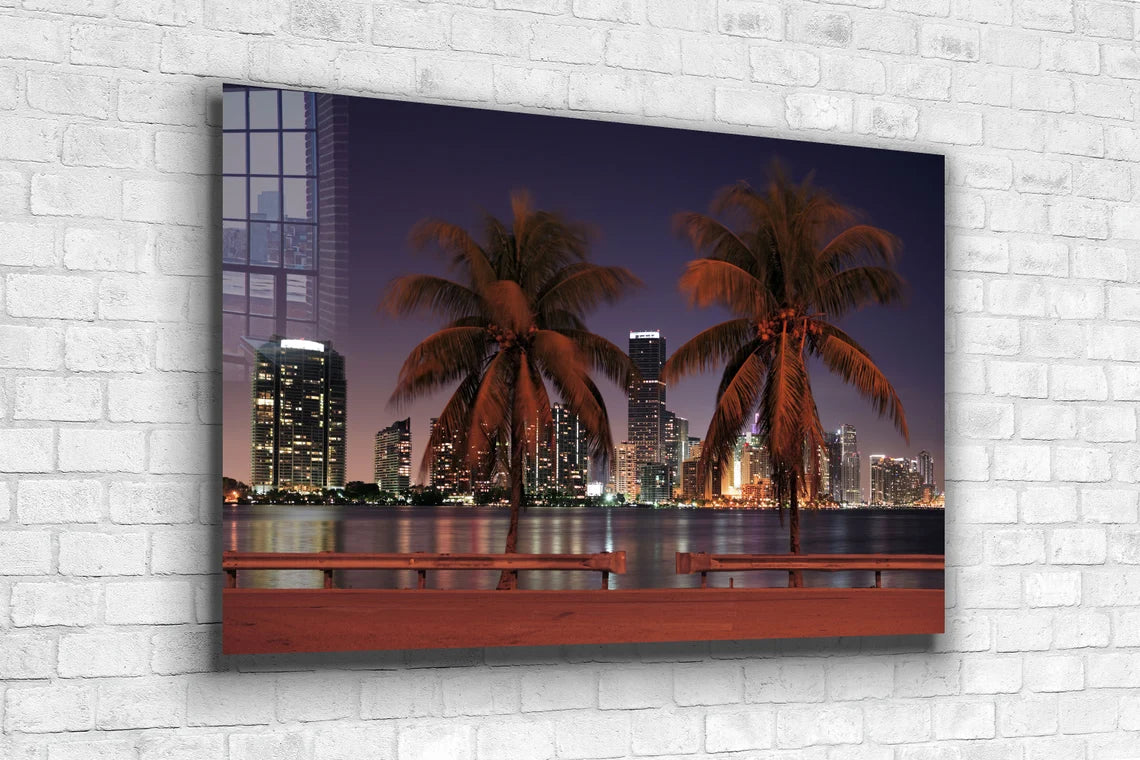 Night Cityscape Palms UV Direct Aluminum Print Australian Made Quality