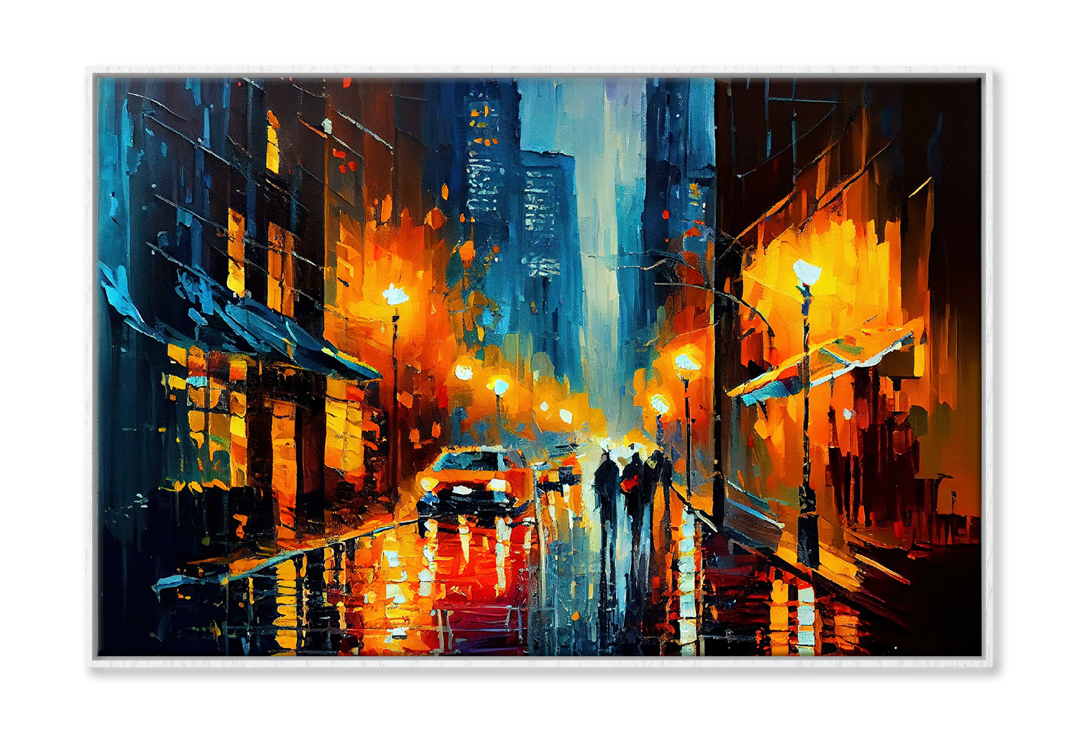 People Walking in City Street Night Oil Painting Wall Art Limited Edition High Quality Print Canvas Box Framed White