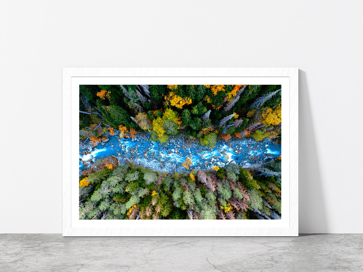 Drone Aerial View Of Forest River Glass Framed Wall Art, Ready to Hang Quality Print With White Border White