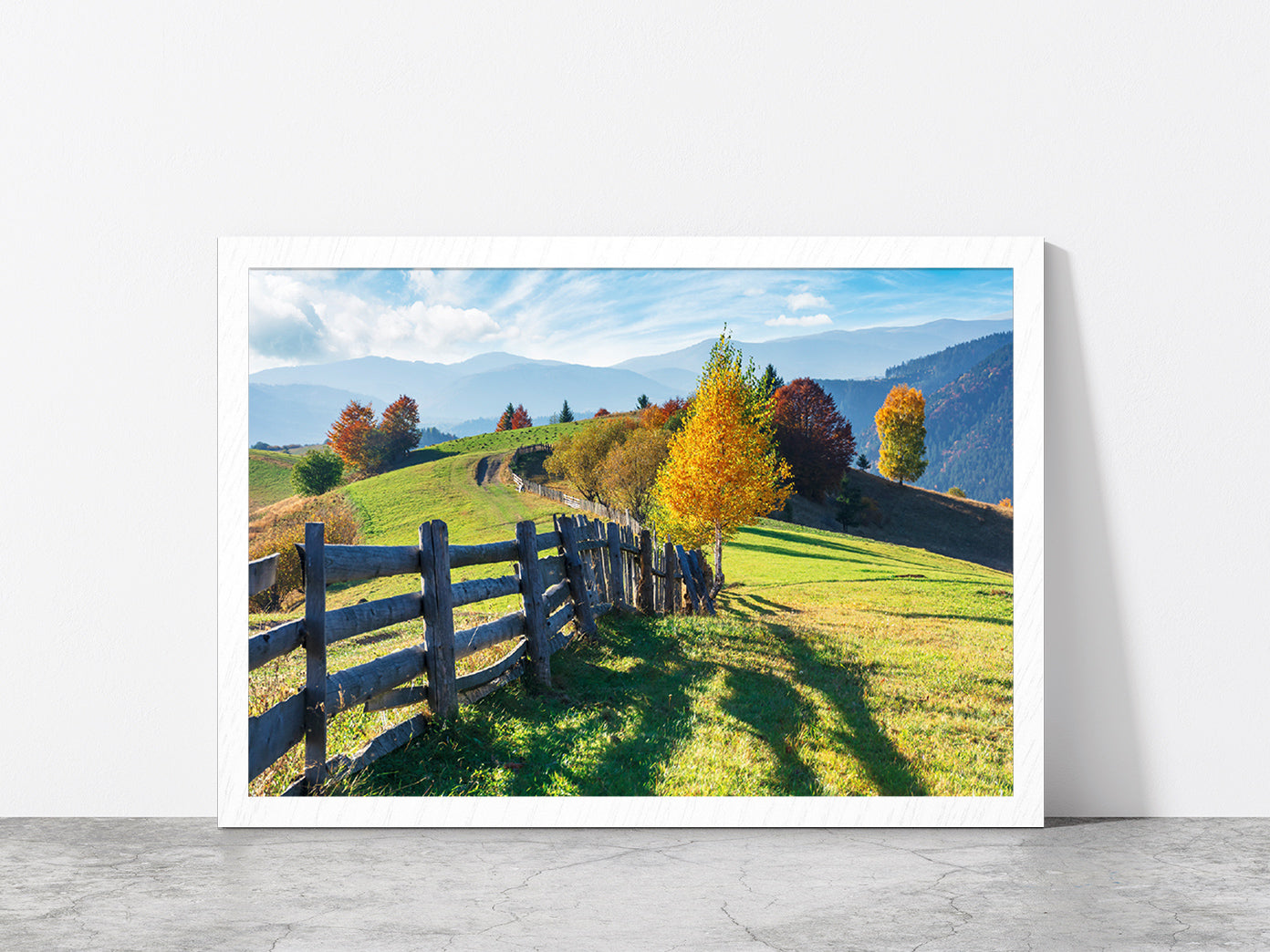 Trees On Grassy Field On Hillside Glass Framed Wall Art, Ready to Hang Quality Print Without White Border White