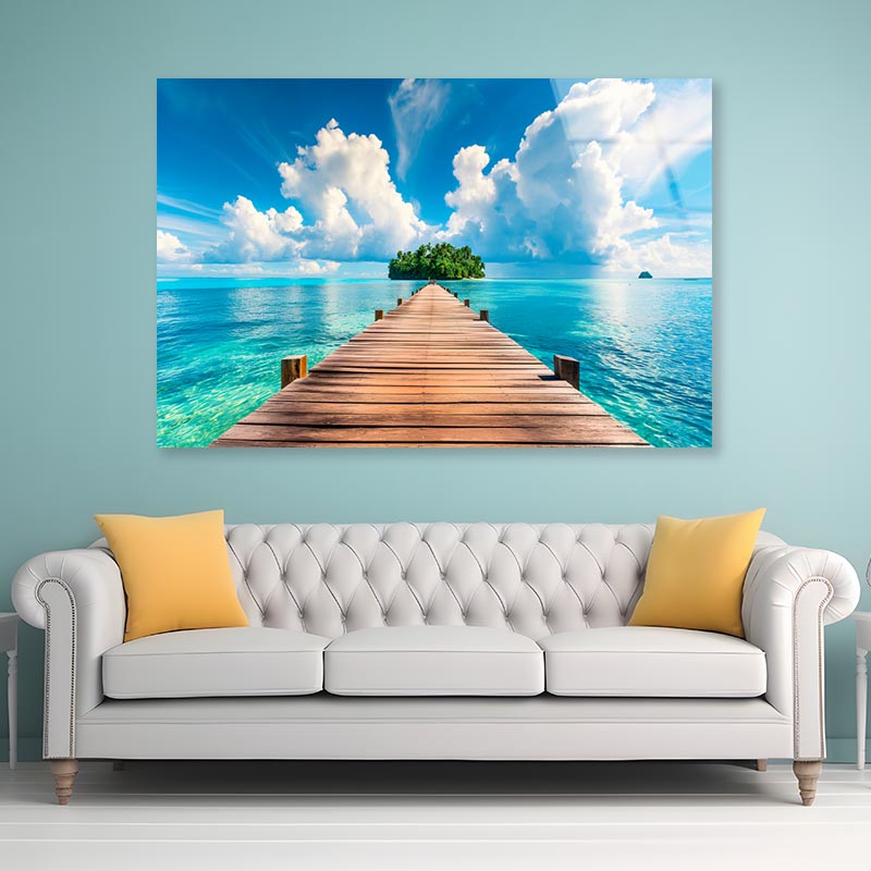 Wooden Pier to An Island in Ocean  Acrylic Glass Print Tempered Glass Wall Art 100% Made in Australia Ready to Hang