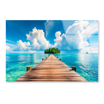 Wooden Pier to An Island in Ocean  Acrylic Glass Print Tempered Glass Wall Art 100% Made in Australia Ready to Hang