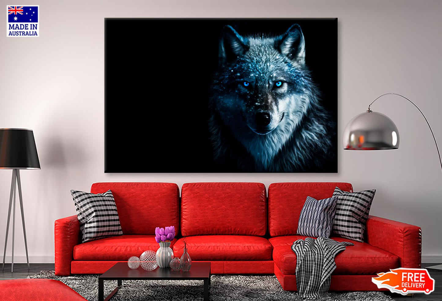 Wolf With Blue Eyes in The Dark Wall Art Decor 100% Australian Made