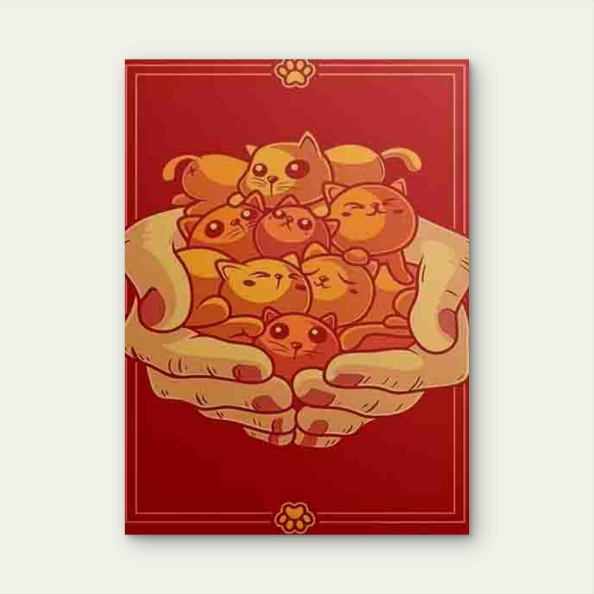 Red Background with Cute Kittens in Hands 60x90cm Metal Print Ready to Hang