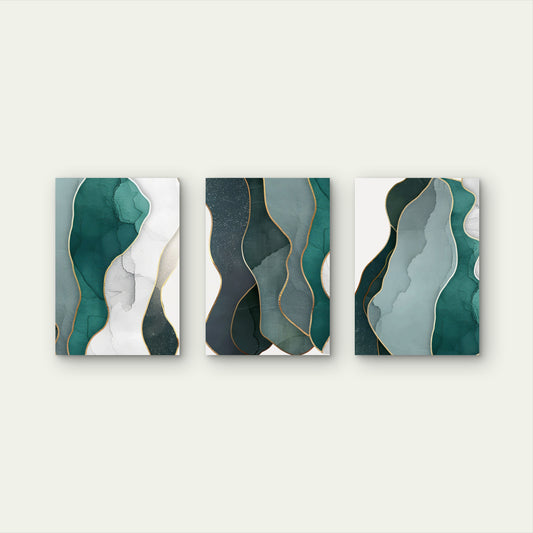 3pcs Teal Green Gold Abstract Marble Painting Wall Art Set Canvas Framed 40x60cm - High Quality Print 100% Australian Made Wall Canvas Ready to Hang