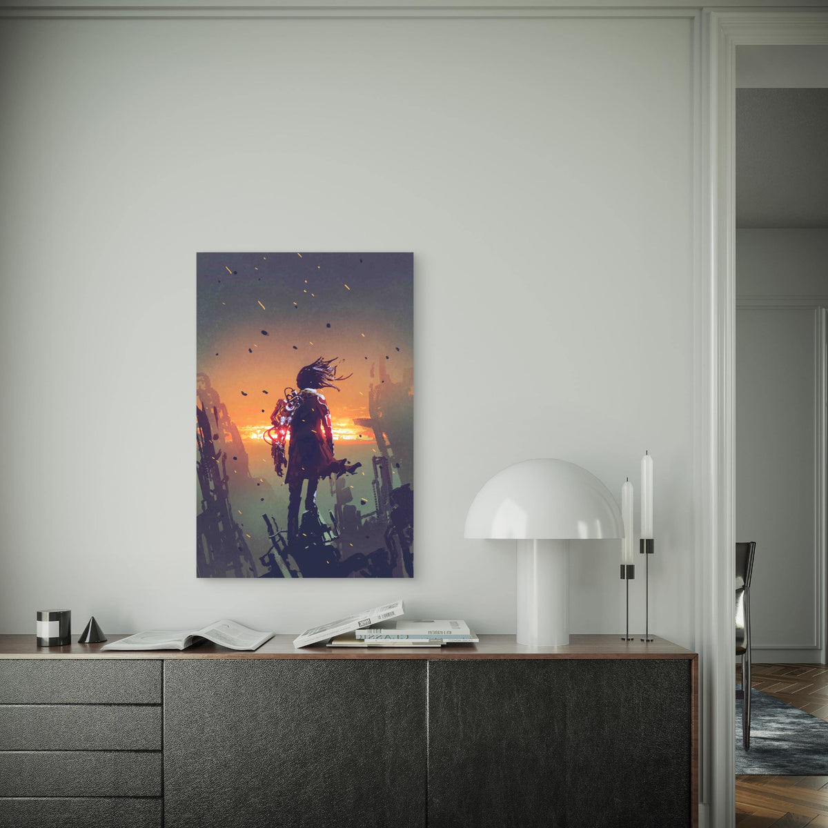 Man With Robotic Arm Standing On Ruined Buildings 60x90cm Metal Print Ready to Hang
