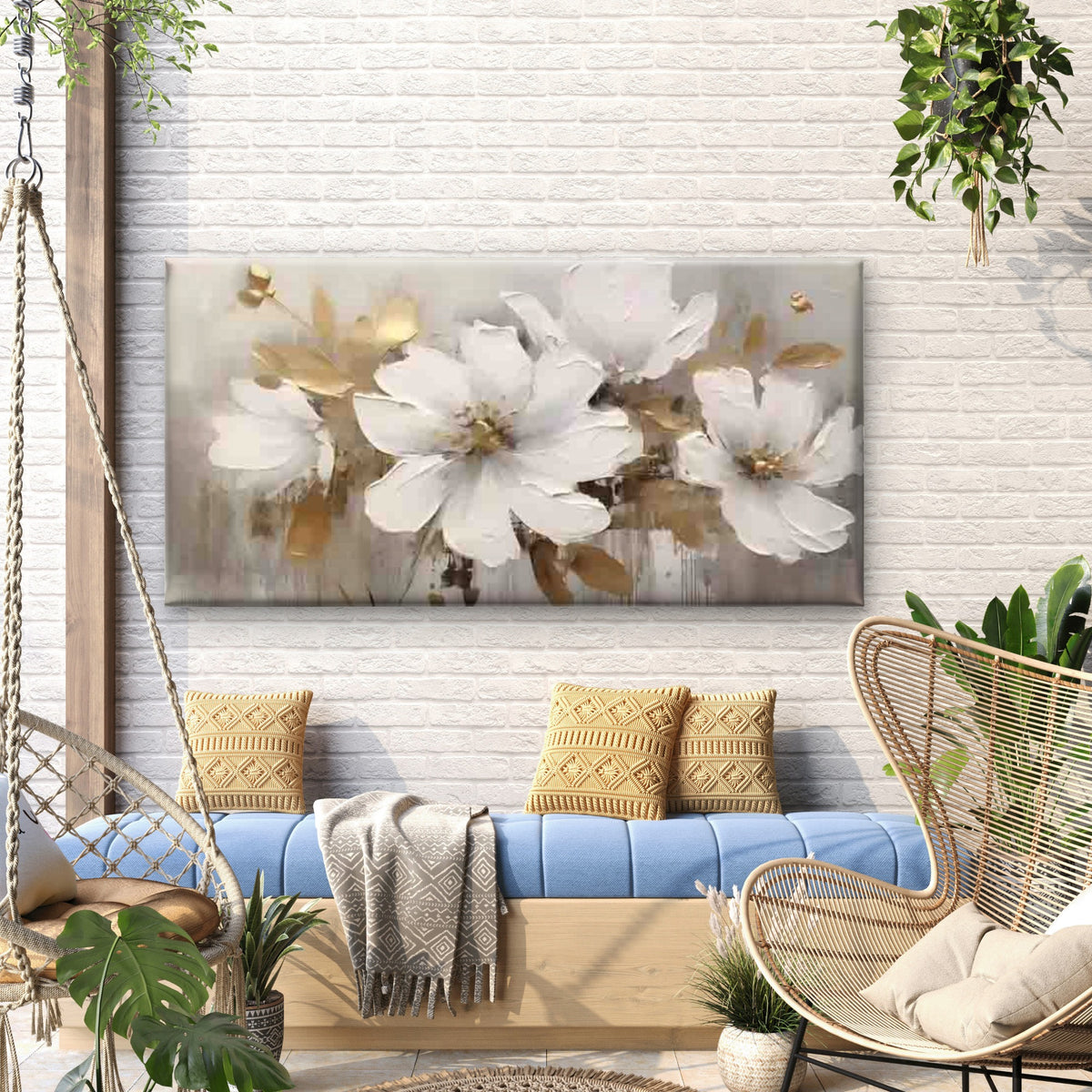 White And Golden Floral Wall Art Canvas Office Home Room Framed 120x60cm