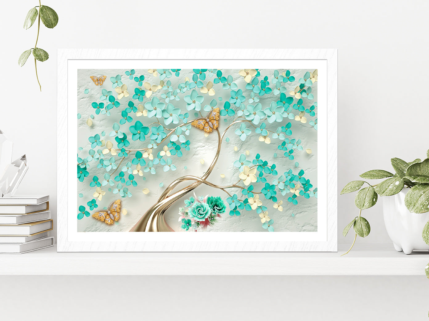 Green Flowers & Golden Butterfly Glass Framed Wall Art, Ready to Hang Quality Print With White Border White