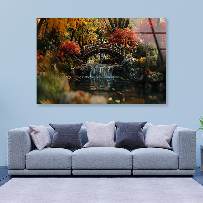 Bridge Over a River with a Waterfall and Trees Acrylic Glass Print Tempered Glass Wall Art 100% Made in Australia Ready to Hang