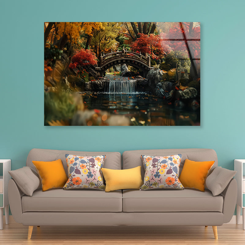 Bridge Over a River with a Waterfall and Trees Acrylic Glass Print Tempered Glass Wall Art 100% Made in Australia Ready to Hang