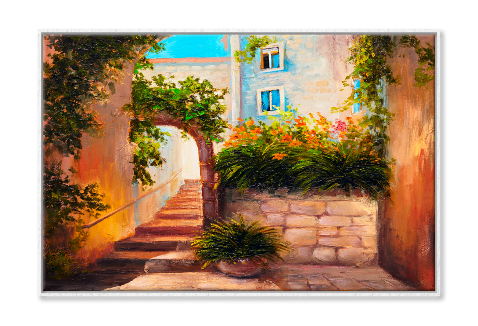 Summer Street, Blooming Flowers Oil Painting Limited Edition High Quality Print Canvas Box Framed White