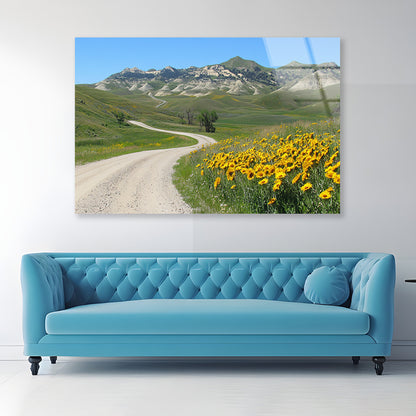 Field Of Yellow Flowers, Mountains & Road Acrylic Glass Print Tempered Glass Wall Art 100% Made in Australia Ready to Hang