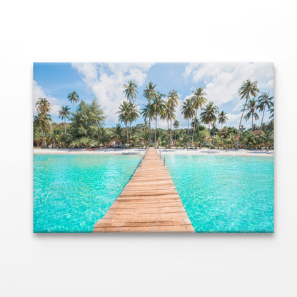 Turquoise Water Wooden Pier and Palm Trees Acrylic Glass Print Tempered Glass Wall Art 100% Made in Australia Ready to Hang