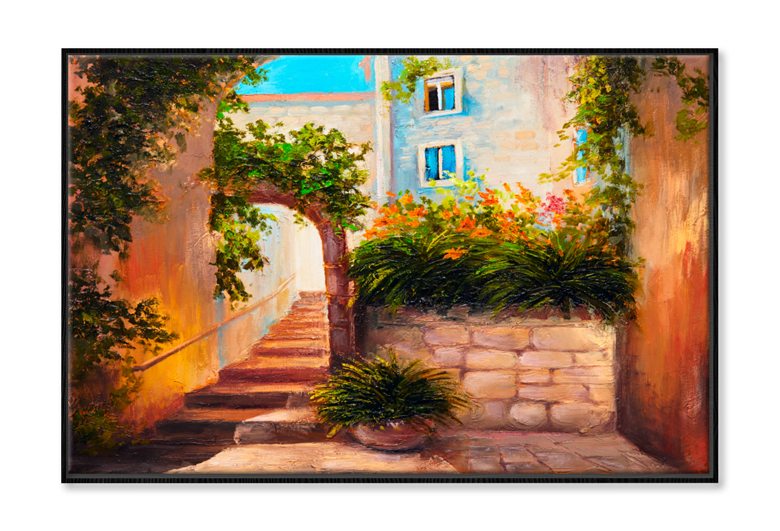 Summer Street, Blooming Flowers Oil Painting Limited Edition High Quality Print Canvas Box Framed Black