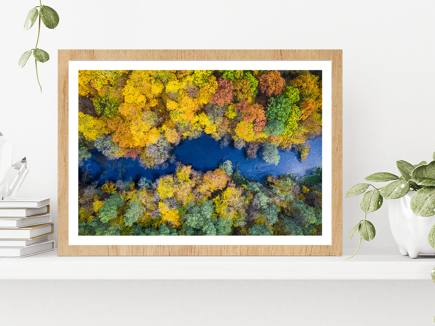 Autumn Forest & River Top View Glass Framed Wall Art, Ready to Hang Quality Print With White Border Oak