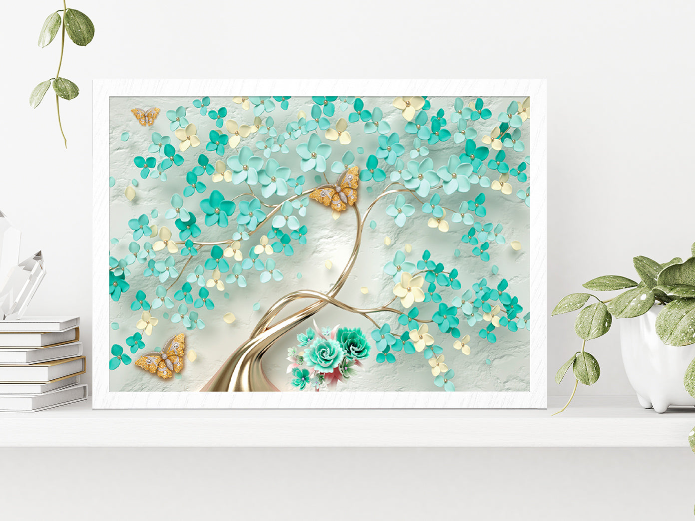 Green Flowers & Golden Butterfly Glass Framed Wall Art, Ready to Hang Quality Print Without White Border White