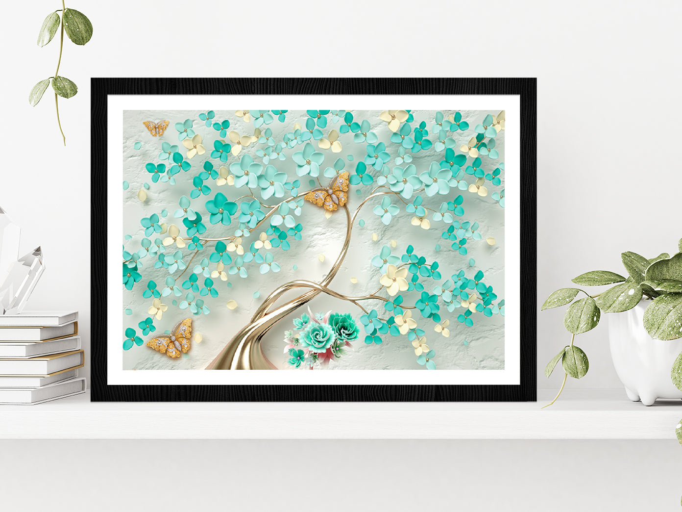 Green Flowers & Golden Butterfly Glass Framed Wall Art, Ready to Hang Quality Print With White Border Black