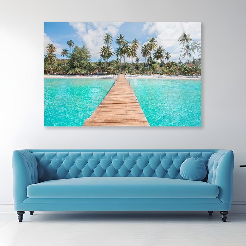 Turquoise Water Wooden Pier and Palm Trees Acrylic Glass Print Tempered Glass Wall Art 100% Made in Australia Ready to Hang