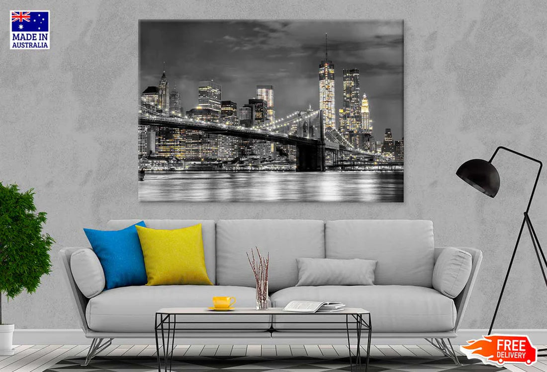 B&W Night City with Lights View Photograph 90x60cm Print 100% Australian Made