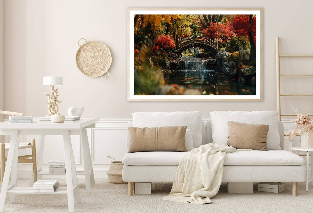 Bridge Over a River with a Waterfall and Trees Home Decor Premium Quality Poster Print Choose Your Sizes