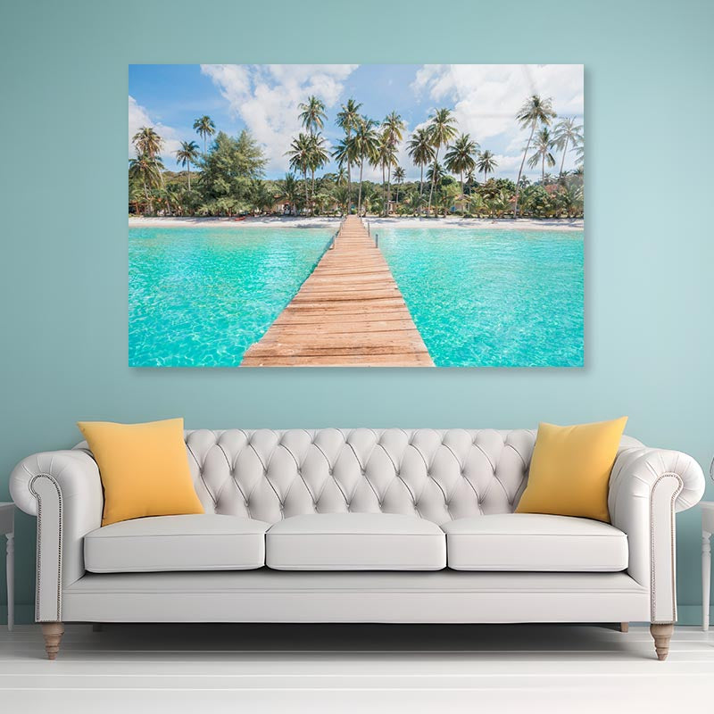 Turquoise Water Wooden Pier and Palm Trees Acrylic Glass Print Tempered Glass Wall Art 100% Made in Australia Ready to Hang