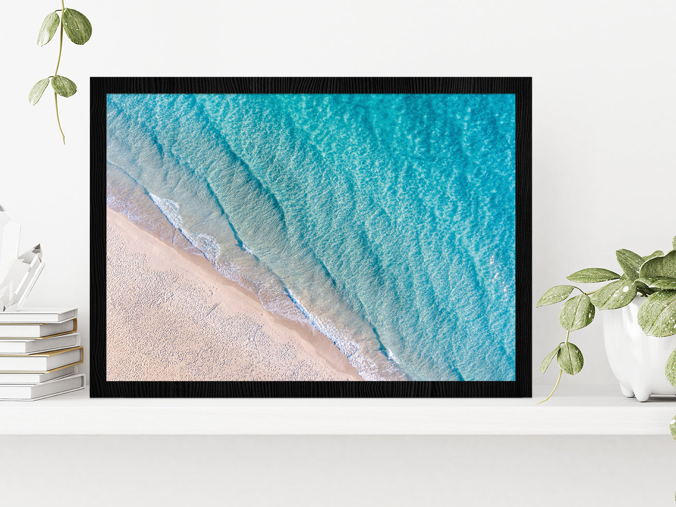 Coastline With Sea Waves & Sand Glass Framed Wall Art, Ready to Hang Quality Print Without White Border Black