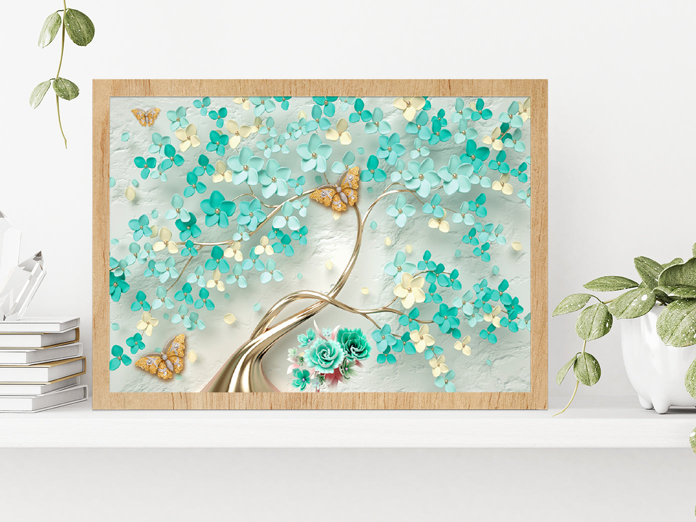 Green Flowers & Golden Butterfly Glass Framed Wall Art, Ready to Hang Quality Print Without White Border Oak