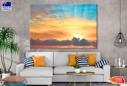 Cloud The Evening Sky at Sunset and The Bright Sun with Rays  Wall Art Decor 100% Australian Made