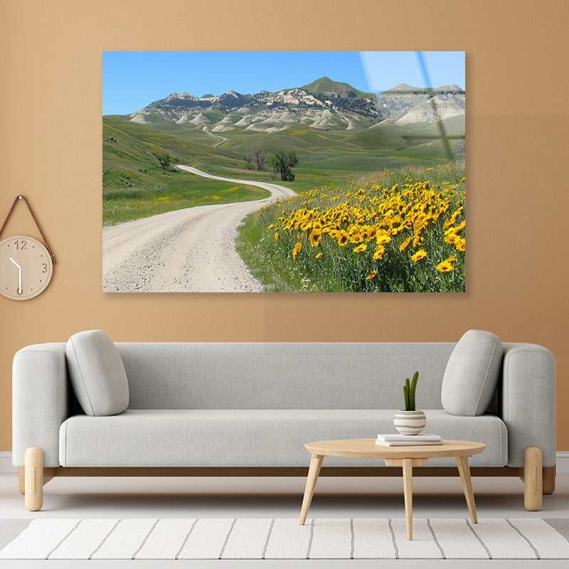 Field Of Yellow Flowers, Mountains & Road Acrylic Glass Print Tempered Glass Wall Art 100% Made in Australia Ready to Hang