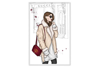 Fashion Lady with Red Elegant Bag Wall Art Limited Edition High Quality Print Canvas Box Framed White