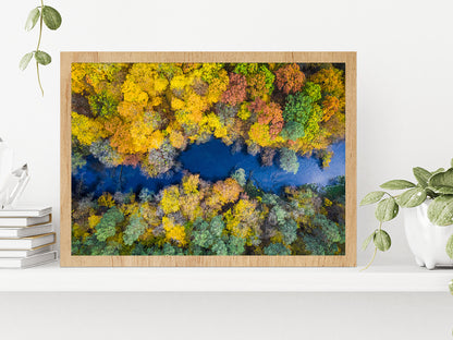 Autumn Forest & River Top View Glass Framed Wall Art, Ready to Hang Quality Print Without White Border Oak