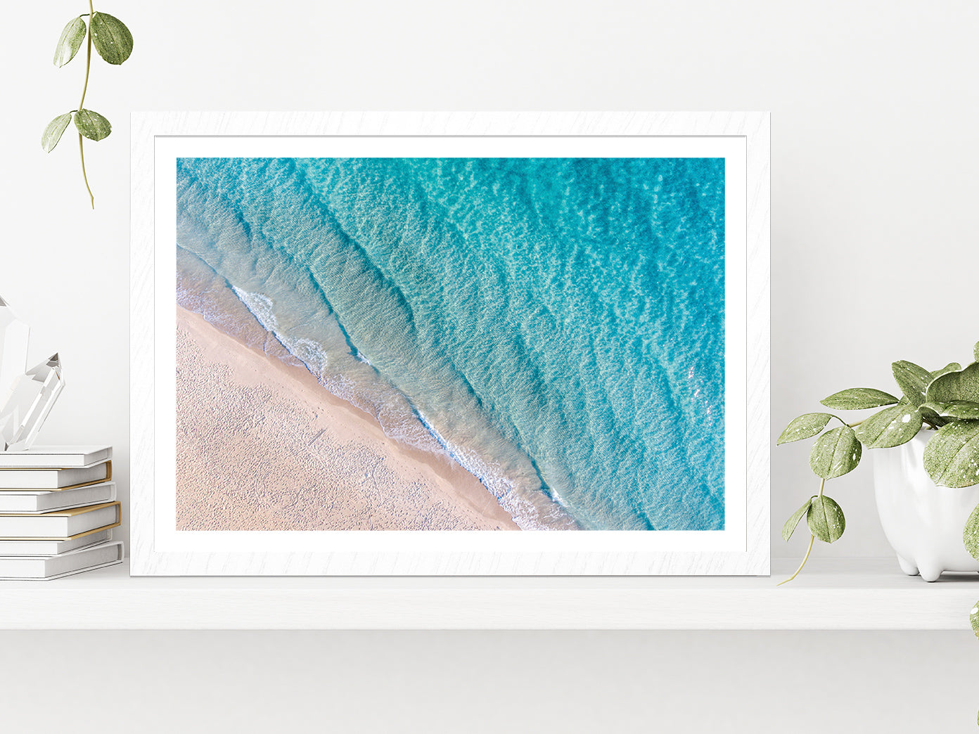 Coastline With Sea Waves & Sand Glass Framed Wall Art, Ready to Hang Quality Print With White Border White