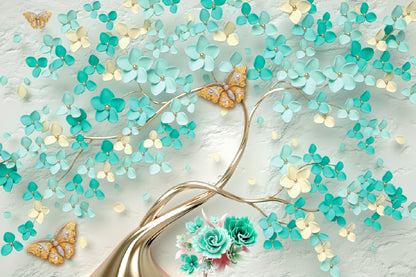 Green Flowers & Golden Butterfly Glass Framed Wall Art, Ready to Hang Quality Print