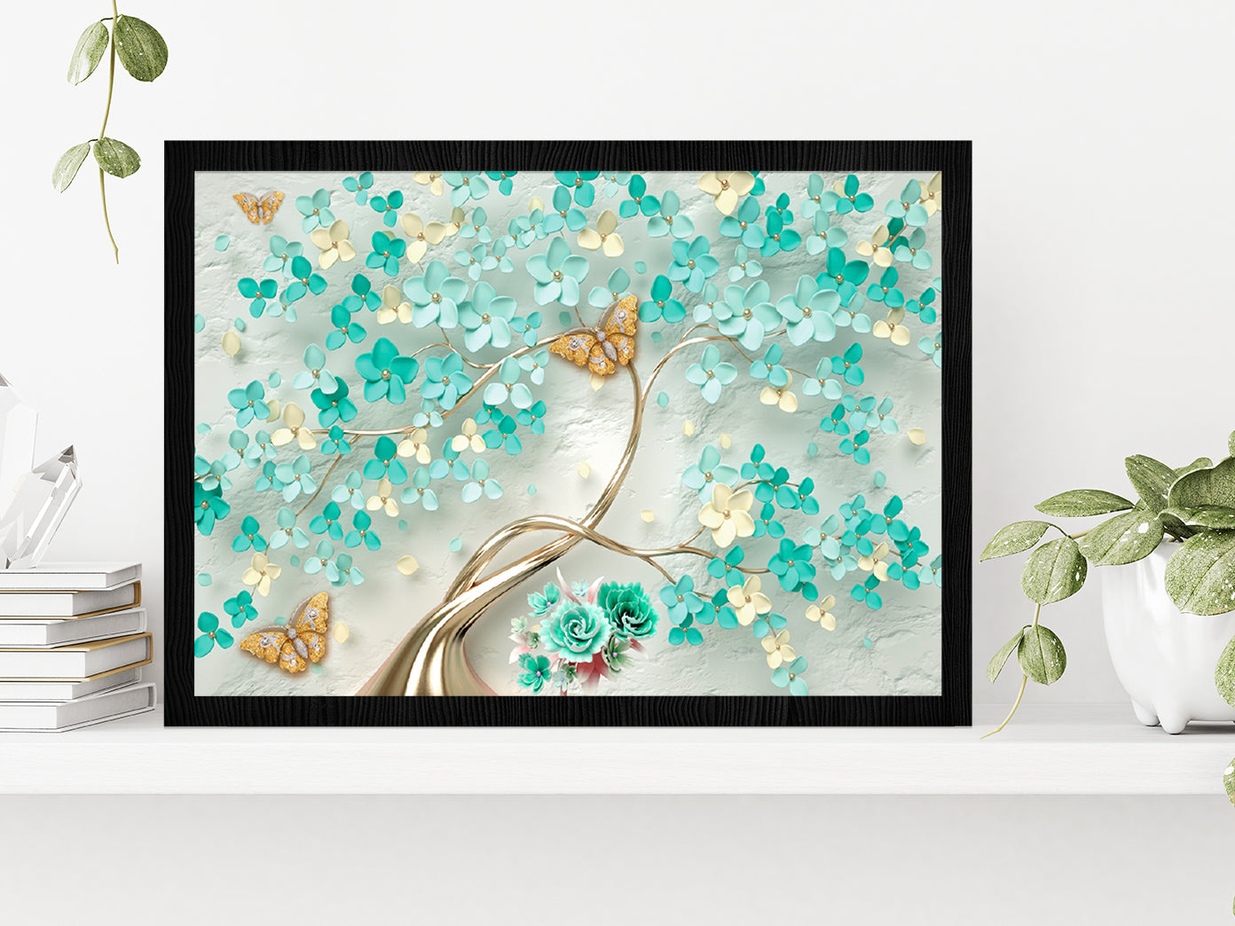 Green Flowers & Golden Butterfly Glass Framed Wall Art, Ready to Hang Quality Print Without White Border Black