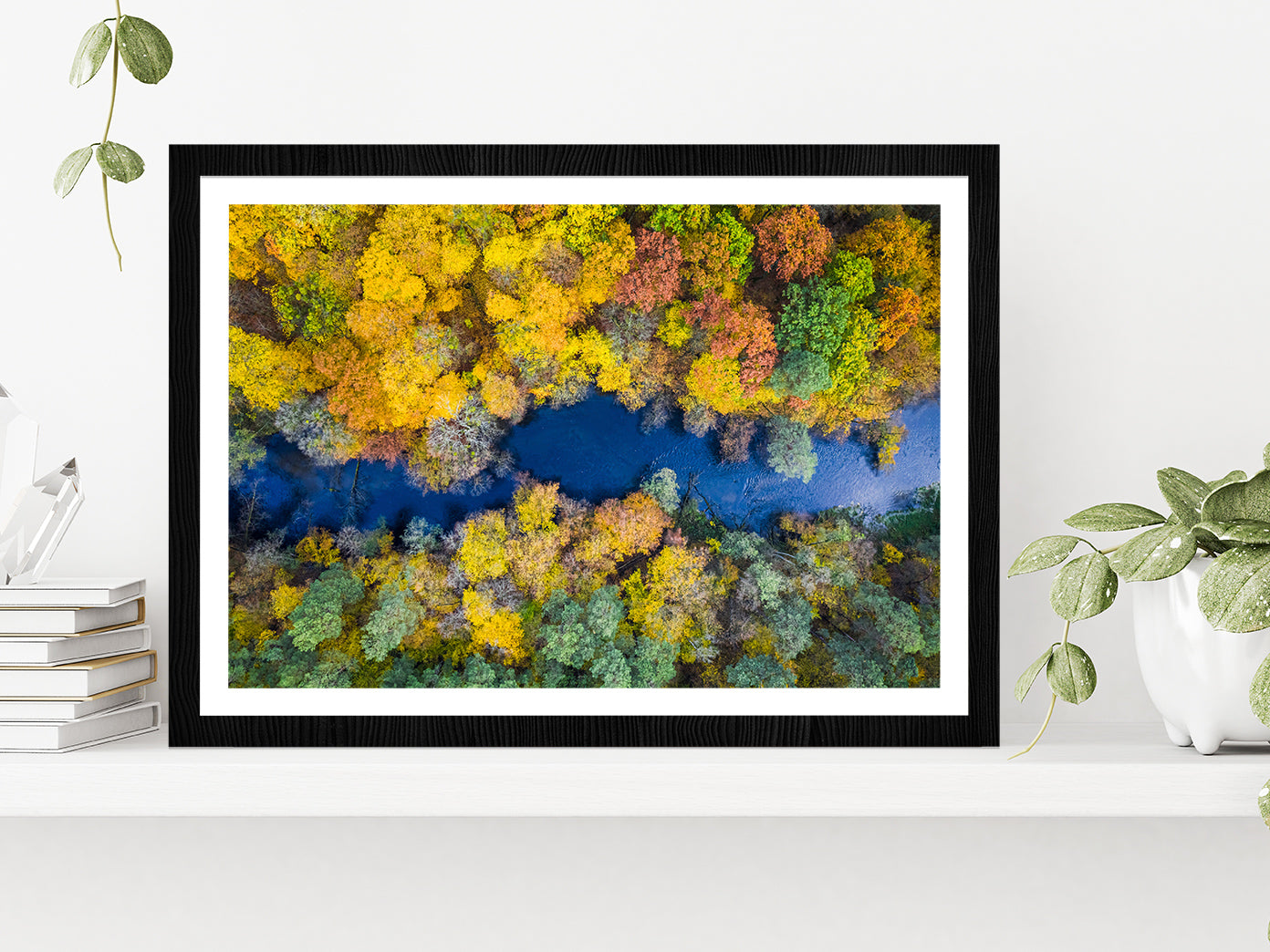 Autumn Forest & River Top View Glass Framed Wall Art, Ready to Hang Quality Print With White Border Black