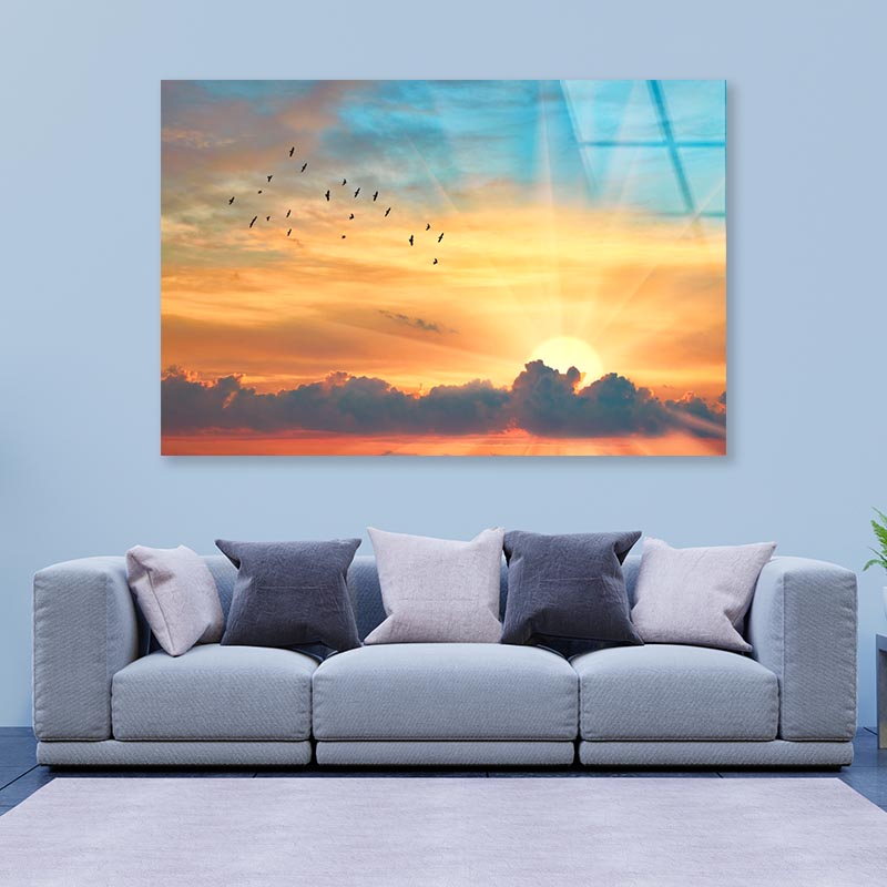 Cloud The Evening Sky at Sunset and The Bright Sun with Rays Acrylic Glass Print Tempered Glass Wall Art 100% Made in Australia Ready to Hang