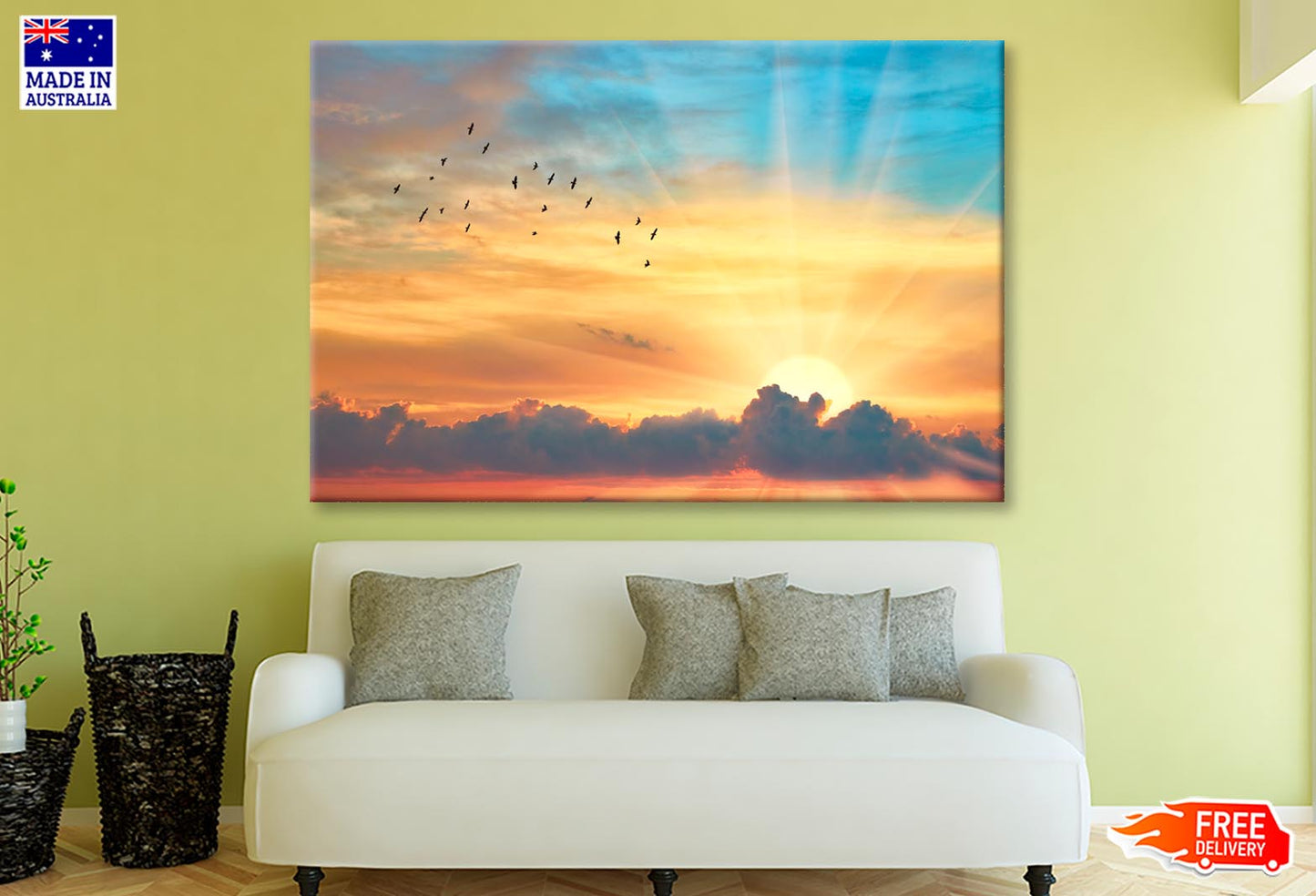 Cloud The Evening Sky at Sunset and The Bright Sun with Rays  Wall Art Decor 100% Australian Made