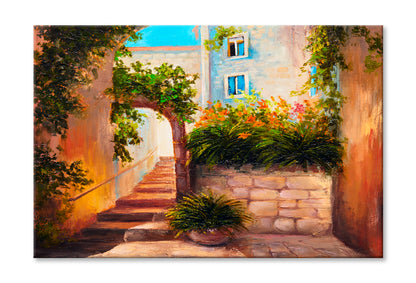 Summer Street, Blooming Flowers Oil Painting Limited Edition High Quality Print Stretched Canvas None